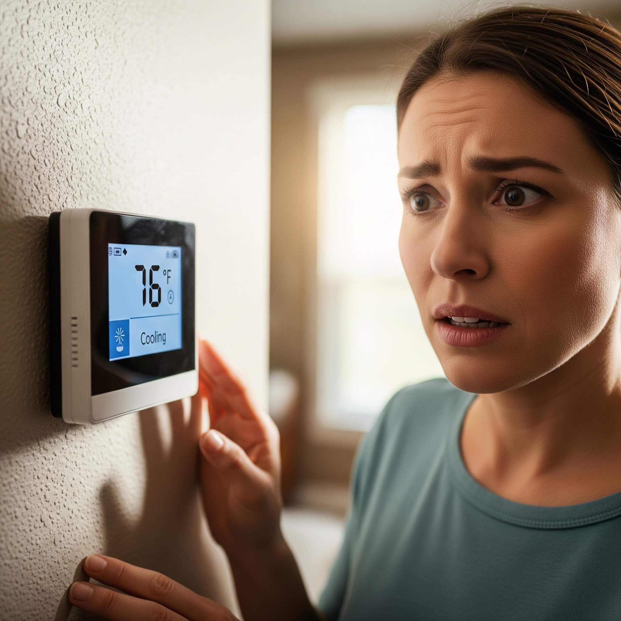 a woman looking at her thermostat that is concerned about her May FPL